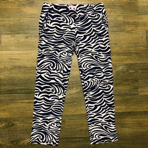 Lilly Pulitzer Navy Blue White Print Textured Capri Ankle Split Hem Kelly Pant 2 - Picture 3 of 9